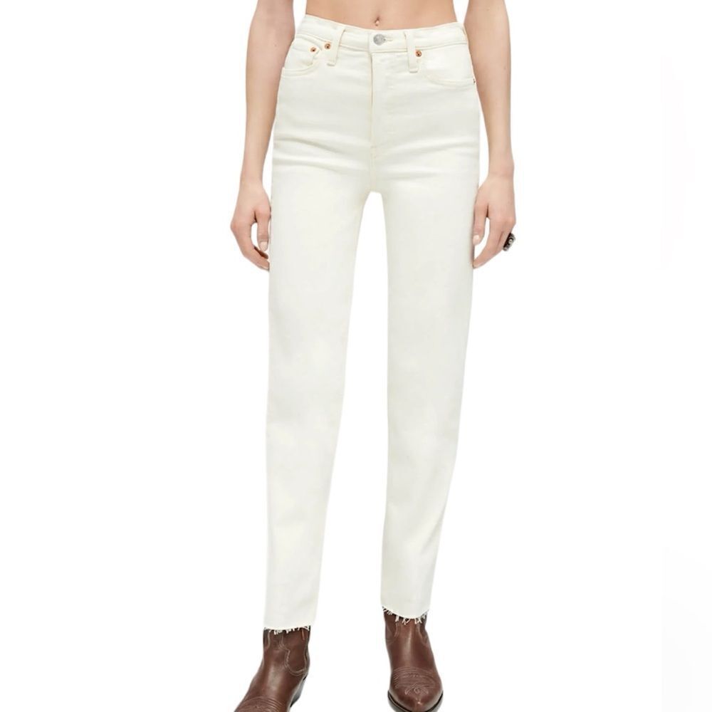 Re/Done White High Rise Stove Pipe Straight Leg Raw Hem Jeans Size 28